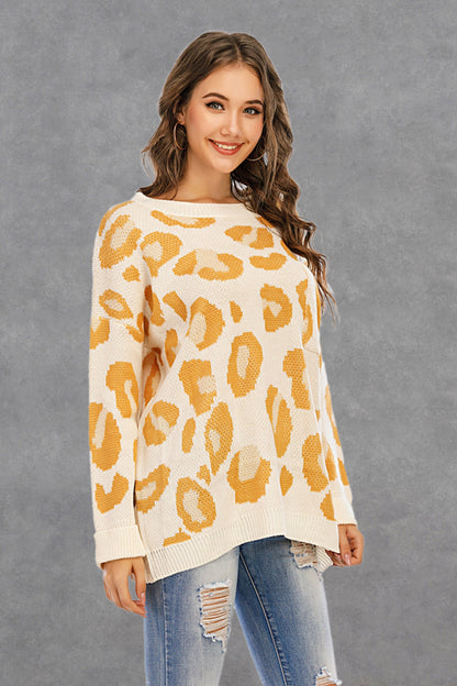 Creamtopmall Round Collar Leopard  Knitted Sweater