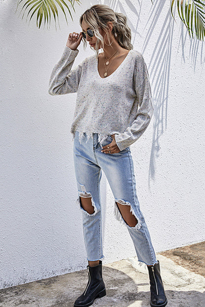 Creamtopmall Long-sleeved Loose Knit Distressed Sweater