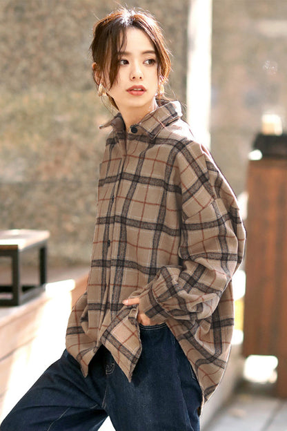 Creamtopmall Single Breasted Tweed Plaid Flannel Shirt