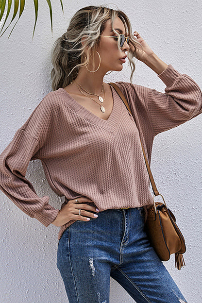 Creamtopmall V-neck Loose Long-sleeved Knitted Top