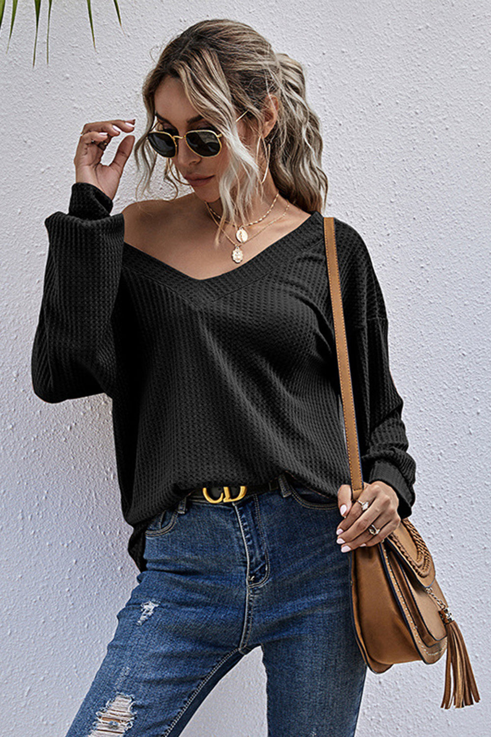 Creamtopmall V-neck Loose Long-sleeved Knitted Top