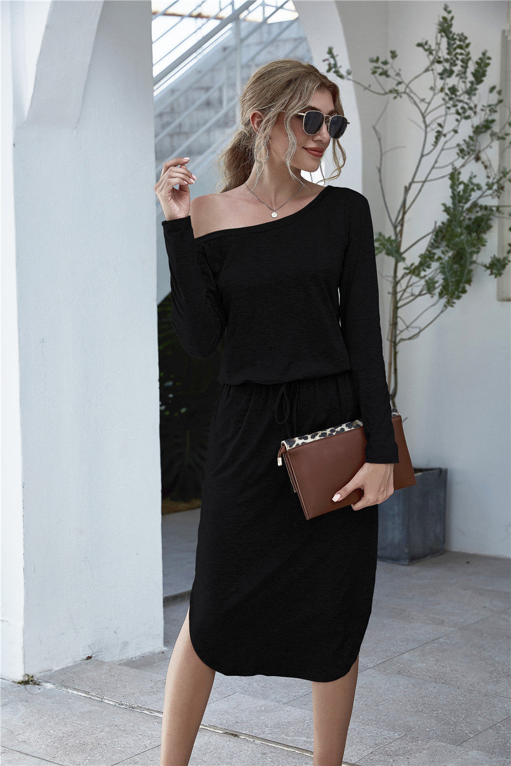 Creamtopmall Off Shoulder Lace Up Pocket Slit Dress