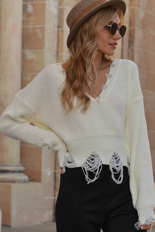 Creamtopmall V-neck Fringed Worn Short Sweater