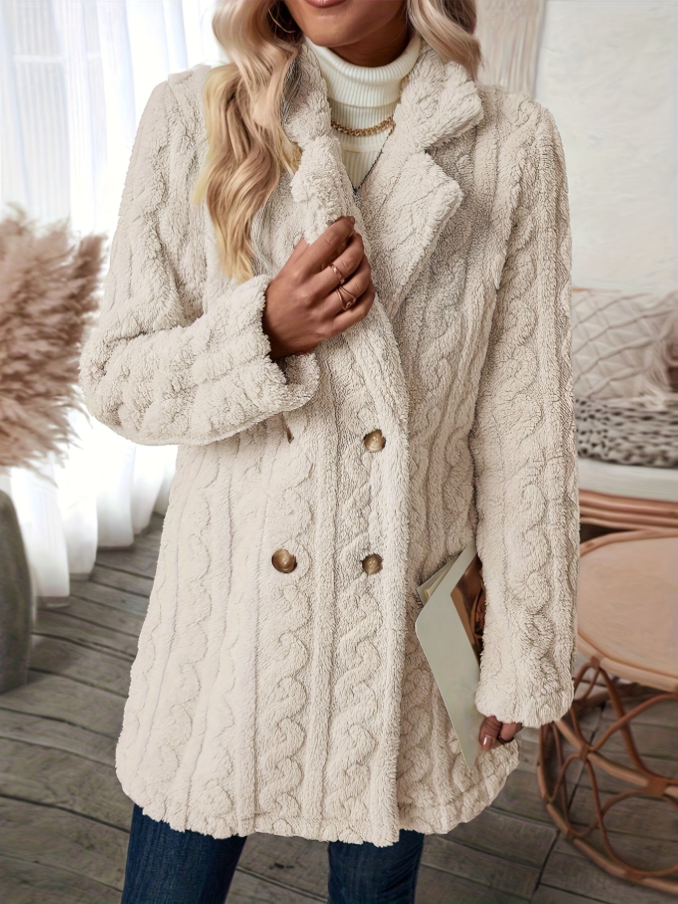 Creamtopmall Double Breasted Lapel Versatile Textured Thermal Teddy Coat