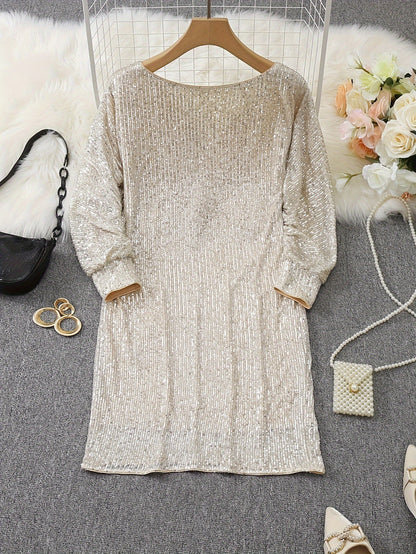 Creamtopmall Party Wear V Neck Long Sleeve Contrast Sequin Dress