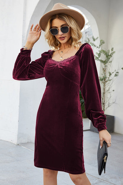 Creamtopmall Slim Long-Sleeved Velour Sheath Dress