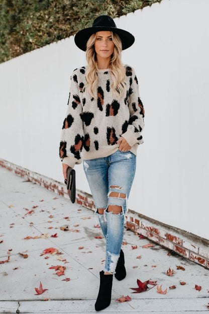 Creamtopmall Leopard Round Neck Pullover Sweater