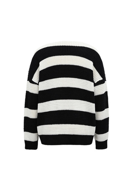 Creamtopmall V-Neck Striped Waffle Sweater