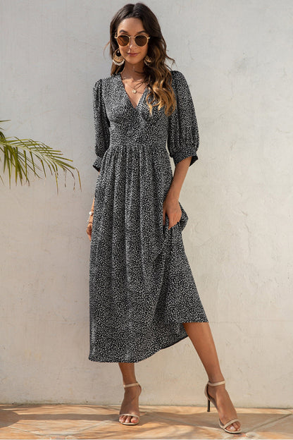 Creamtopmall V-Neck Printed Mid-Sleeved Dress