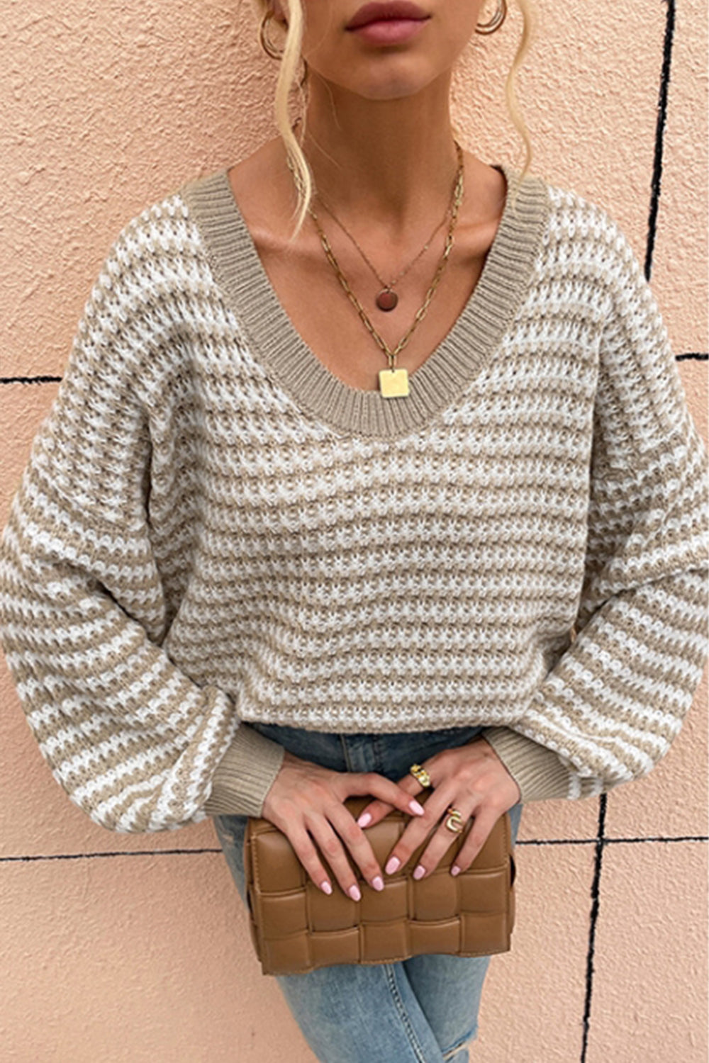 Creamtopmall V-Neck Striped Sweater