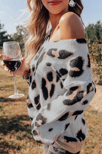 Creamtopmall Leopard Print One-shoulder Loose Sweater