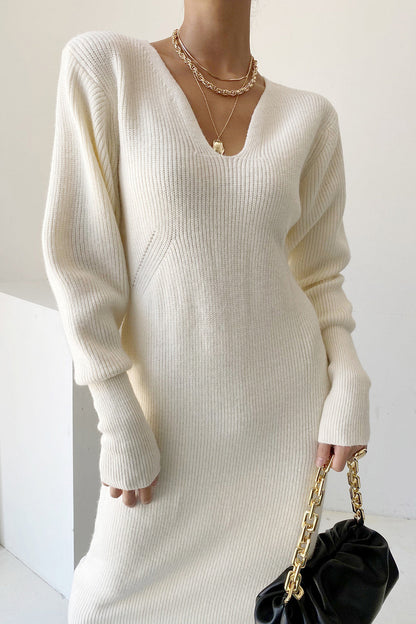 Creamtopmall Office V-neck Long Sleeves Knitted Dress