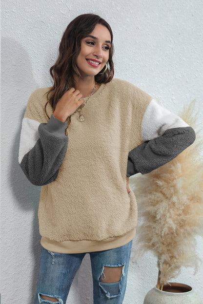 Creamtopmall Round Neck Three-Color Patchwork Sweater