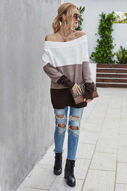 Creamtopmall Off The Shoulder Color Block Sweater