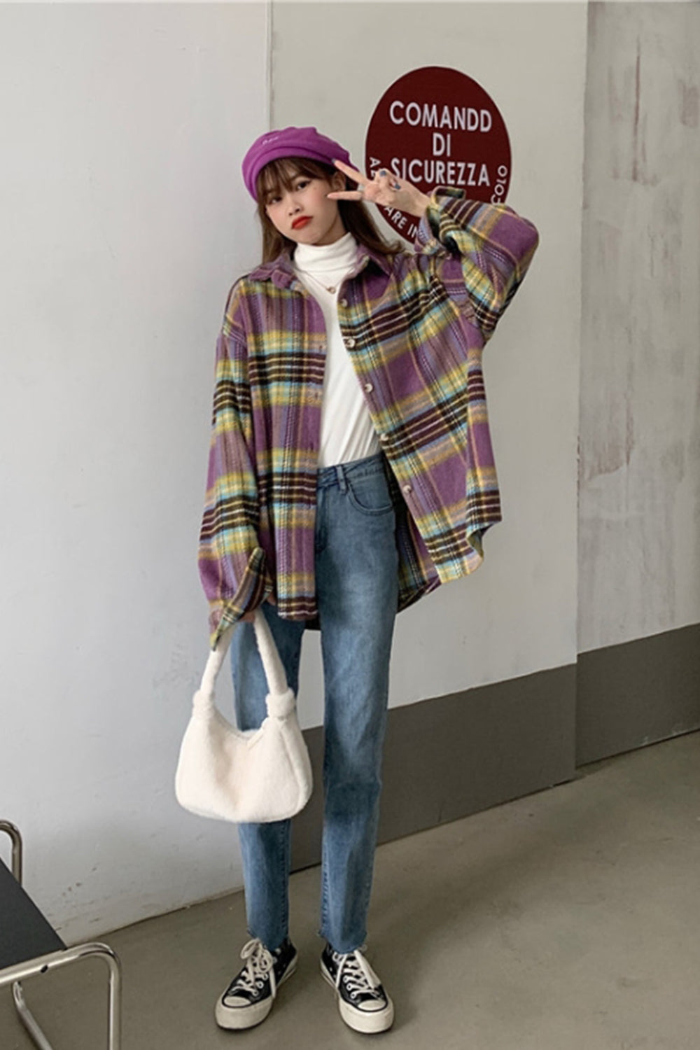 Creamtopmall Flannel Vintage Plaid Tweed Coat