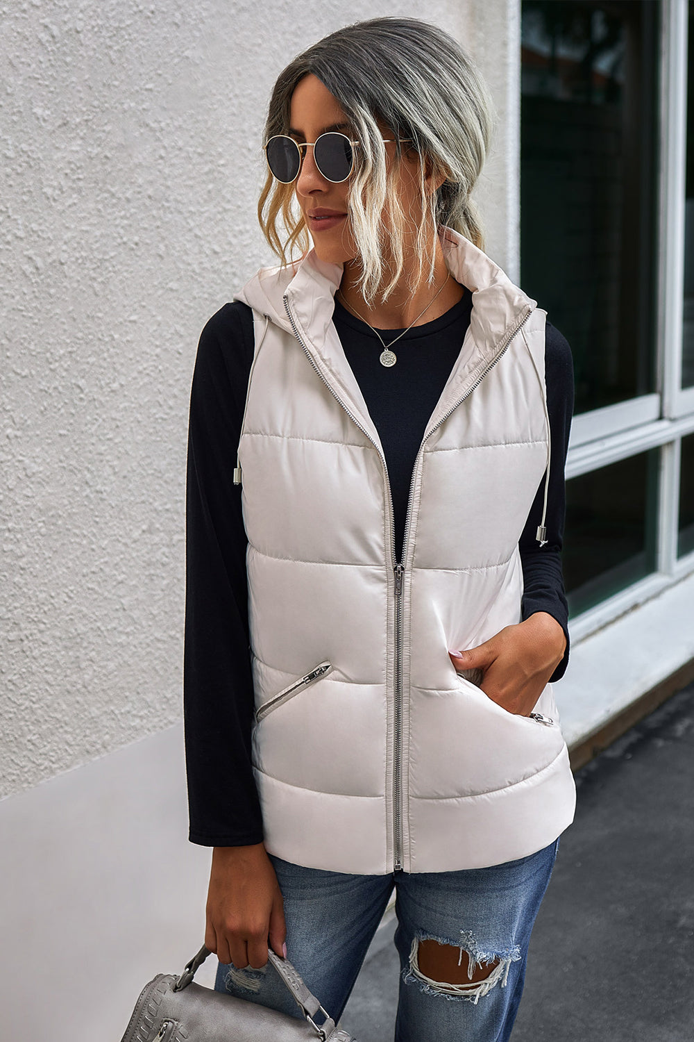 Creamtopmall Zip Pocket Hooded Vest