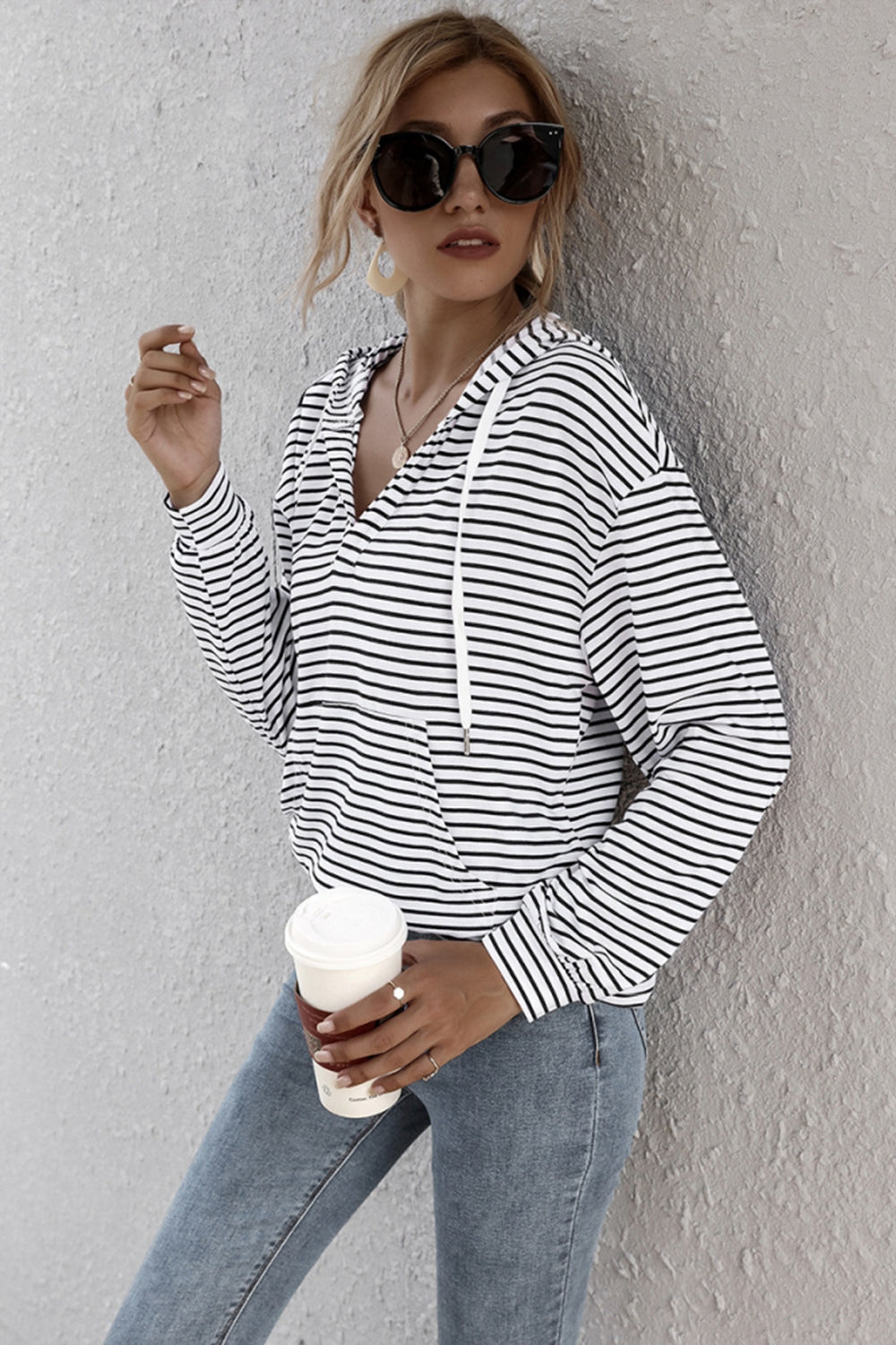 Creamtopmall Striped Hooded V-neck Sweater