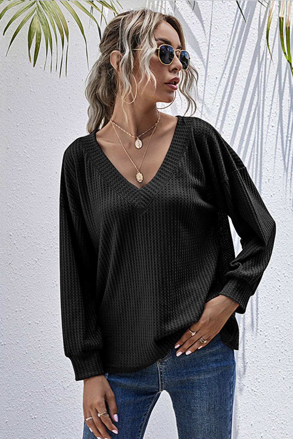 Creamtopmall V-neck Loose Long-sleeved Knitted Top