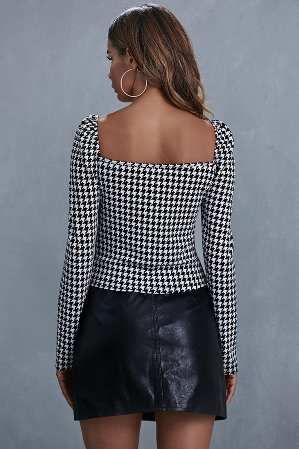 Creamtopmall Square Collar Check Long Sleeve Top