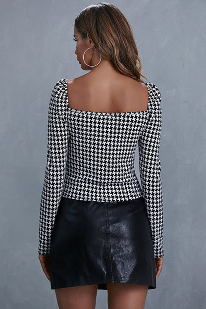 Creamtopmall Square Collar Check Long Sleeve Top