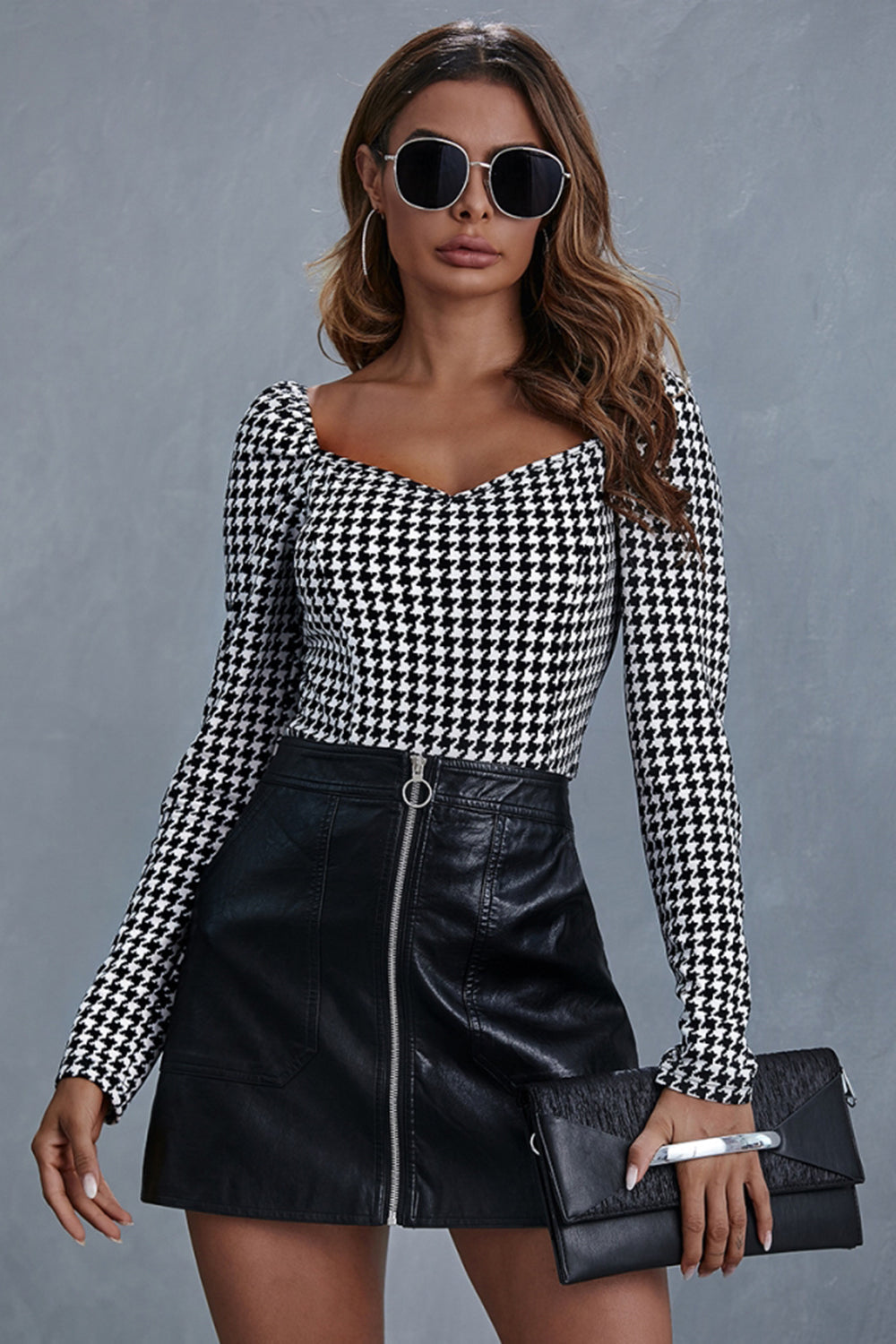 Creamtopmall Square Collar Check Long Sleeve Top