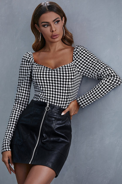 Creamtopmall Square Collar Check Long Sleeve Top