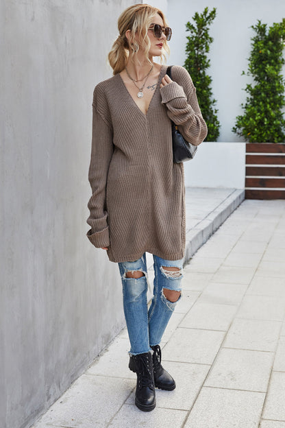 Creamtopmall Solid Color Deep V Knitted Loose Sweater