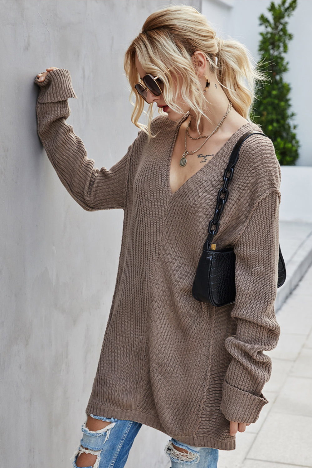 Creamtopmall Solid Color Deep V Knitted Loose Sweater