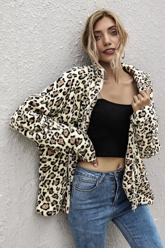 Creamtopmall Leopard Print Lapel Long Sleeve Loose Coat