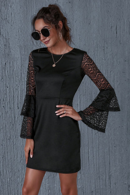 Creamtopmall Solid Color Lace Hollow Trumpet Sleeve Dress