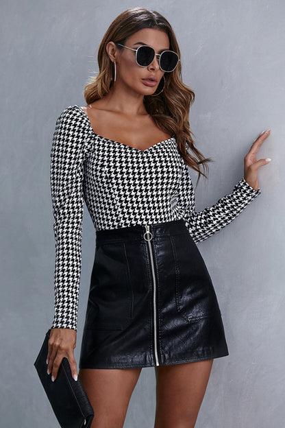 Creamtopmall Square Collar Check Long Sleeve Top