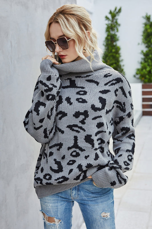 Creamtopmall Loose Leopard Print Turn-Down Collar Sweater