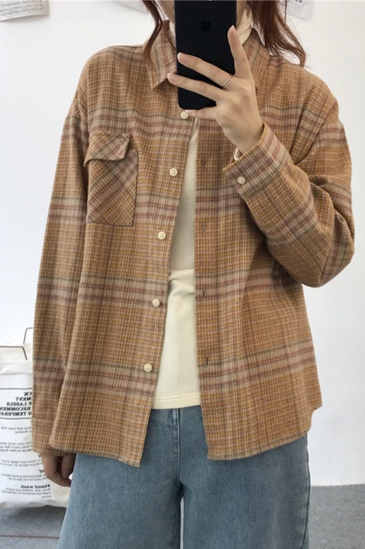 Creamtopmall Flannel Thickening Tweed Plaid Long Sleeve Shirt