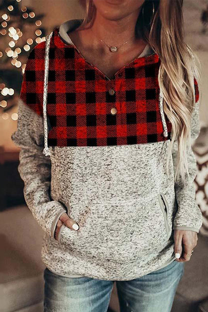 Creamtopmall Christmas Plaid Patchwork Hooded Pullover