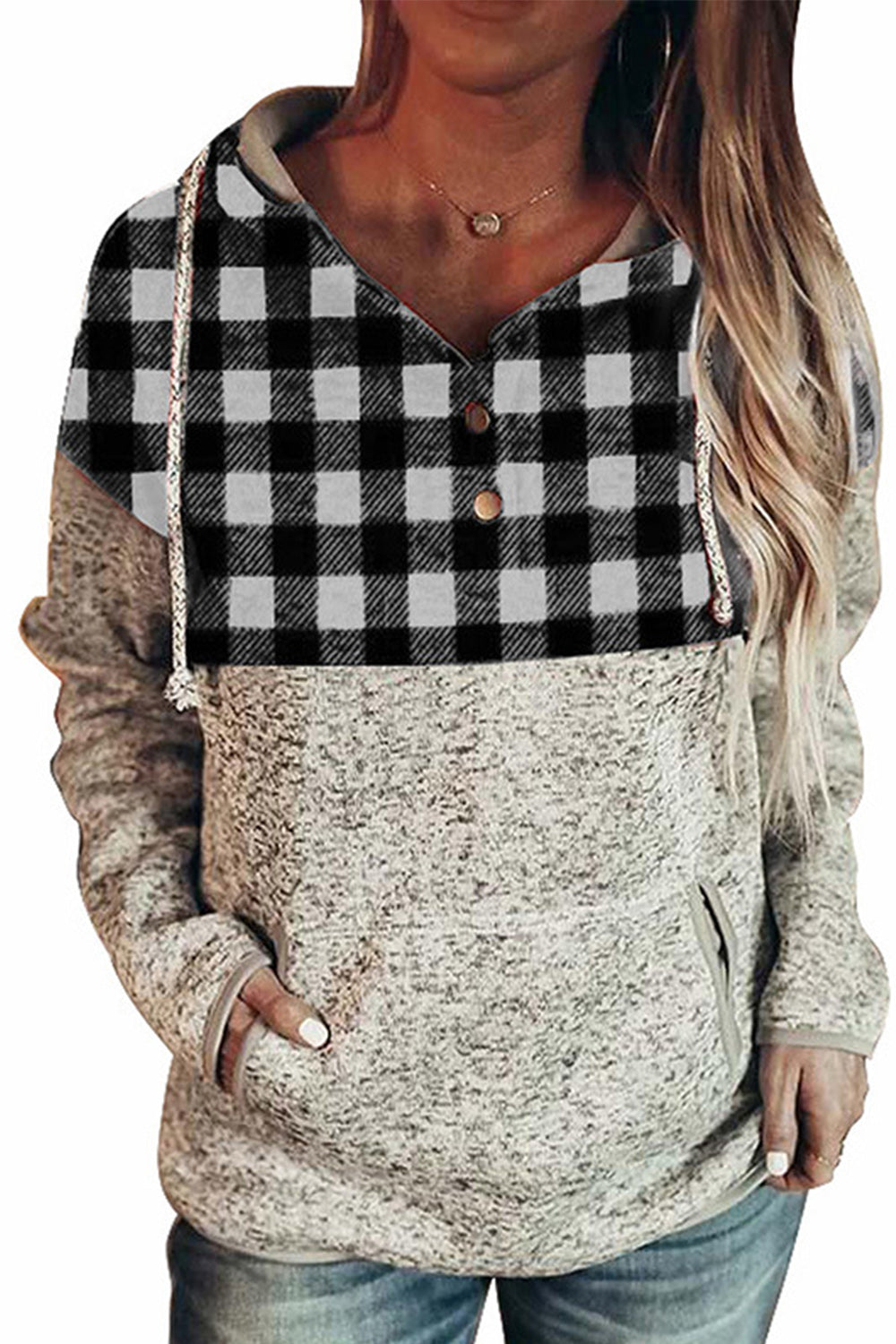 Creamtopmall Christmas Plaid Patchwork Hooded Pullover