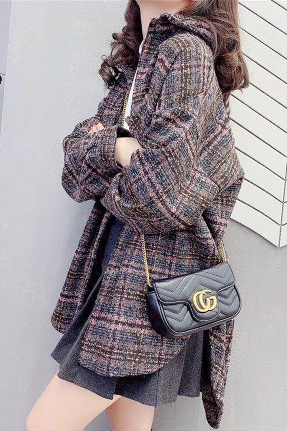 Creamtopmall Vintage Hong Kong Style Plaid Fleece Coat