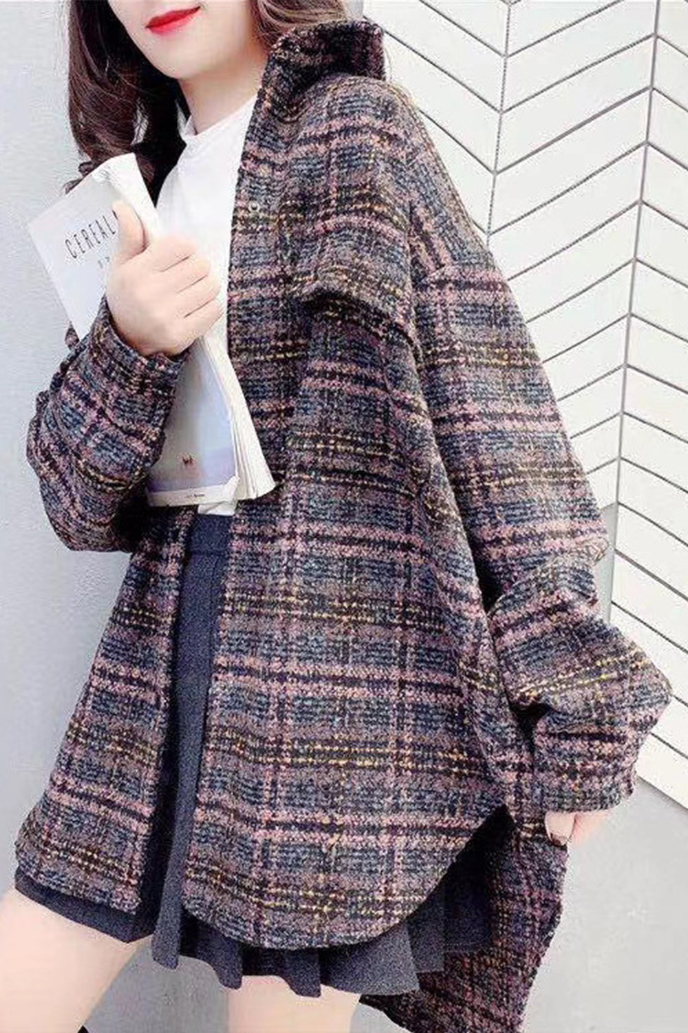 Creamtopmall Vintage Hong Kong Style Plaid Fleece Coat