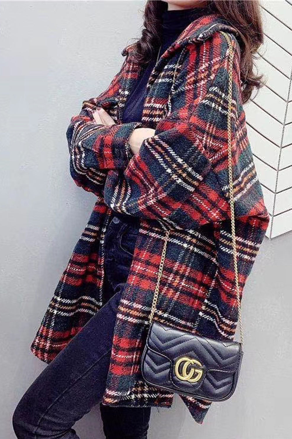 Creamtopmall Vintage Hong Kong Style Plaid Fleece Coat