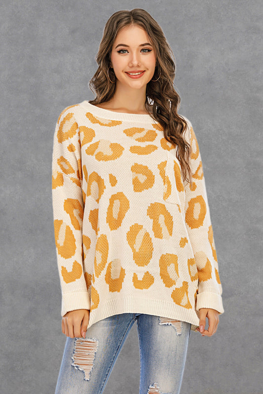 Creamtopmall Round Collar Leopard  Knitted Sweater