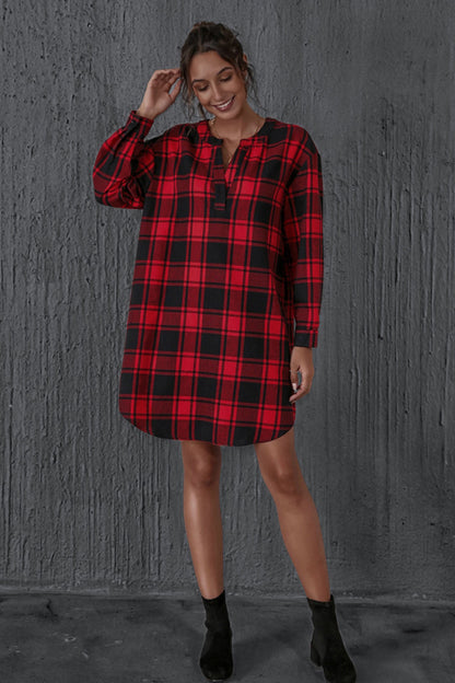 Creamtopmall Check V-neck Long Sleeve A-line Dress