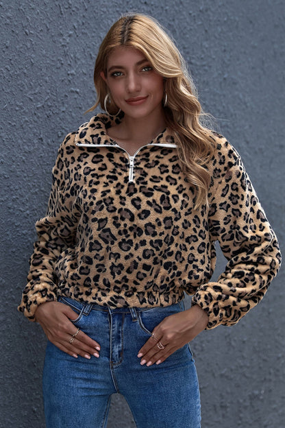 Creamtopmall Leopard Print Lapel Zipper Fleece Pullover