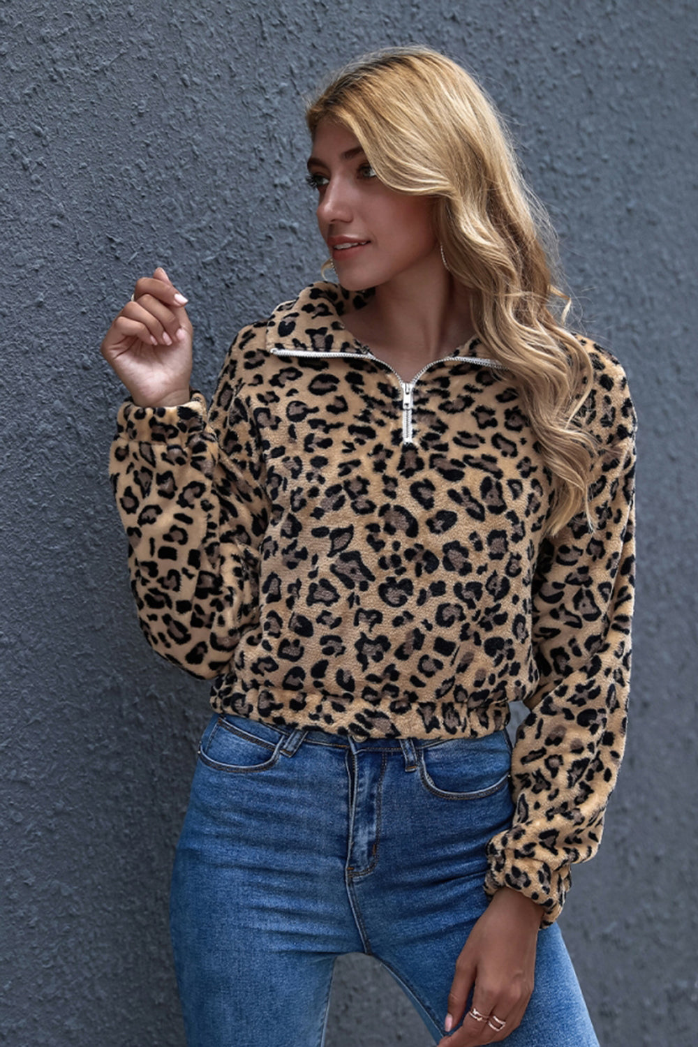 Creamtopmall Leopard Print Lapel Zipper Fleece Pullover