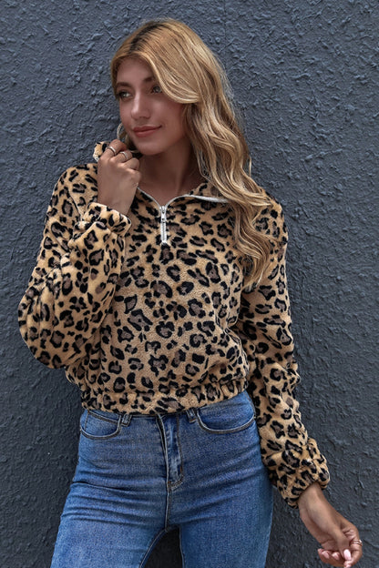 Creamtopmall Leopard Print Lapel Zipper Fleece Pullover