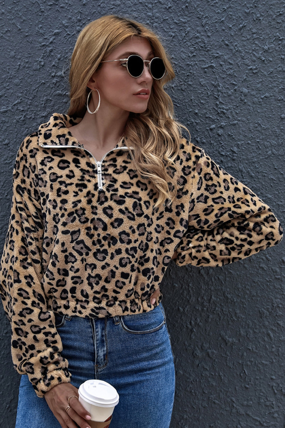 Creamtopmall Leopard Print Lapel Zipper Fleece Pullover