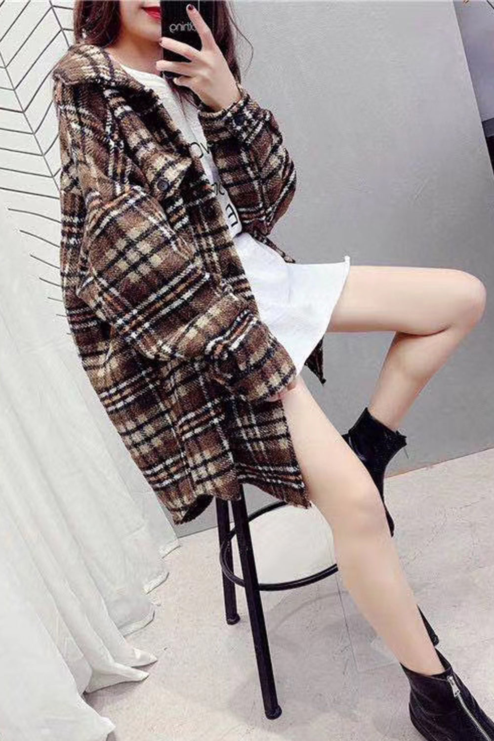 Creamtopmall Vintage Hong Kong Style Plaid Fleece Coat