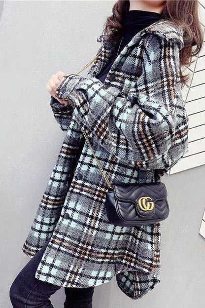 Creamtopmall Vintage Hong Kong Style Plaid Fleece Coat