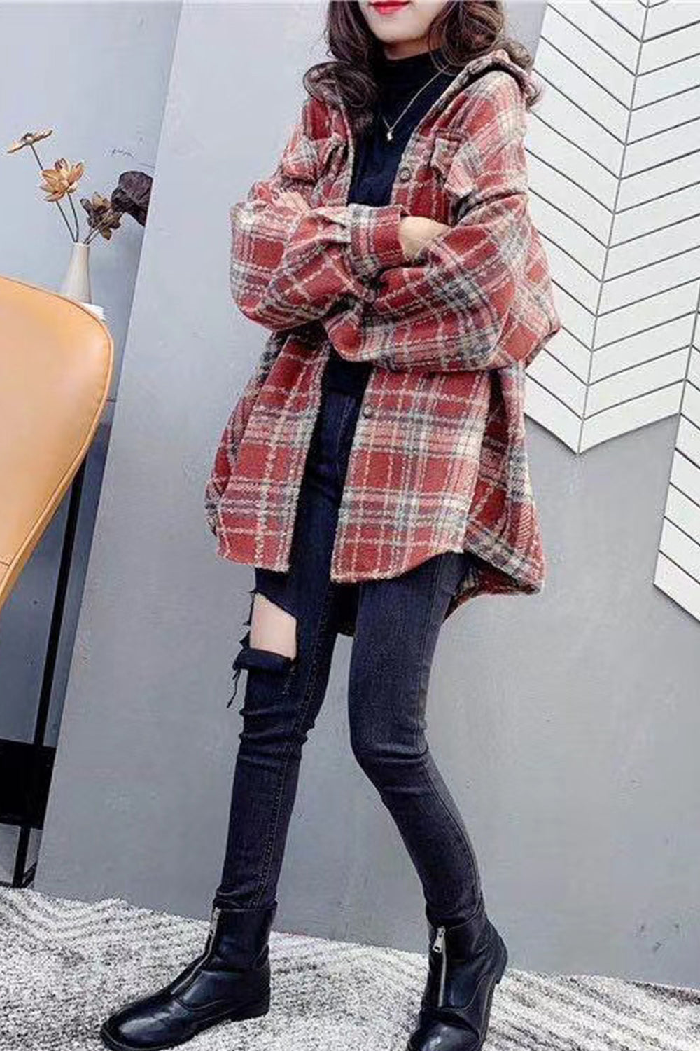 Creamtopmall Vintage Hong Kong Style Plaid Fleece Coat