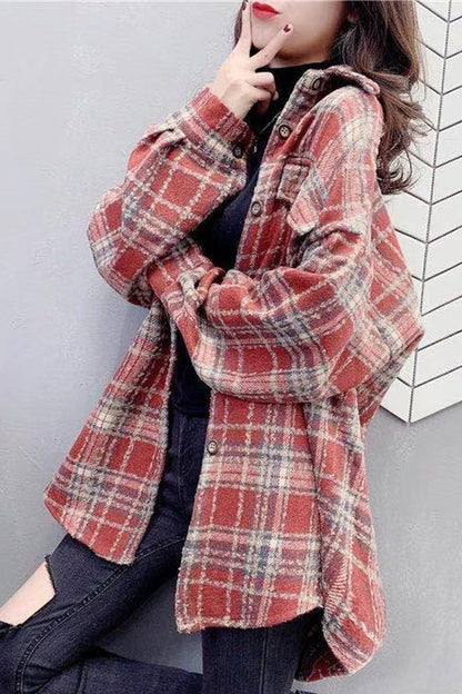 Creamtopmall Vintage Hong Kong Style Plaid Fleece Coat