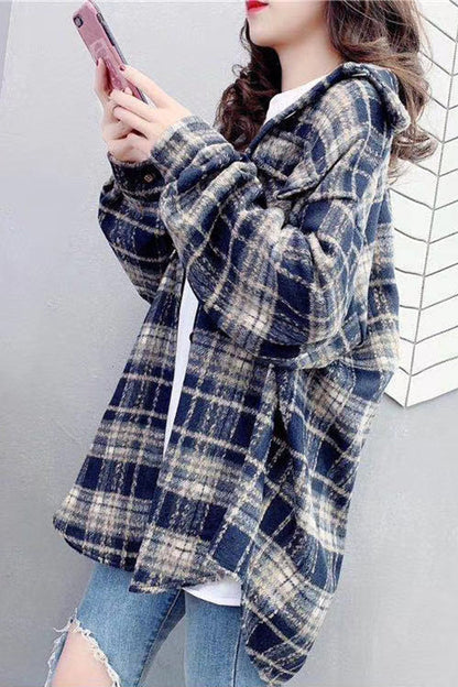 Creamtopmall Vintage Hong Kong Style Plaid Fleece Coat