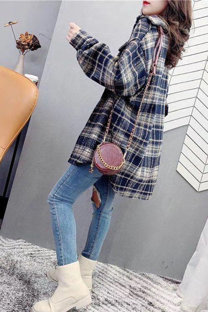 Creamtopmall Vintage Hong Kong Style Plaid Fleece Coat